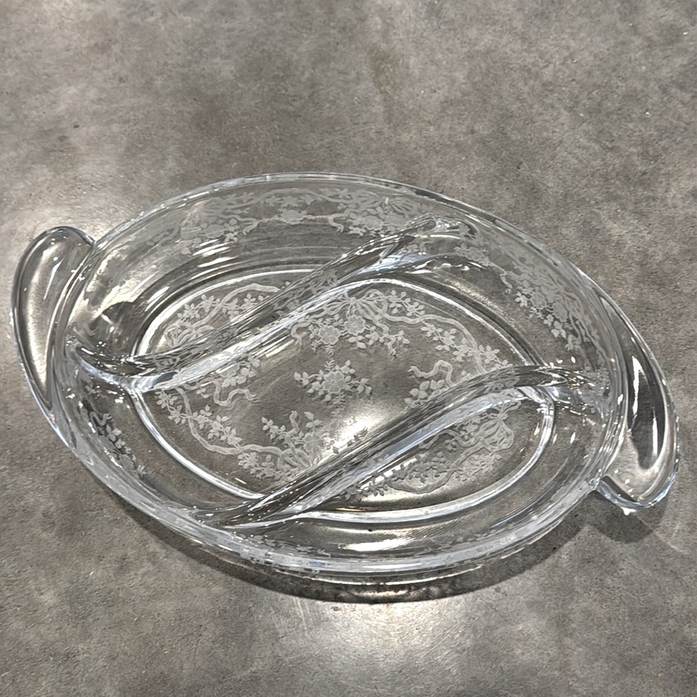 Vintage Fostoria Relish Tray Dish With Handles Romance Etched Floral Bows